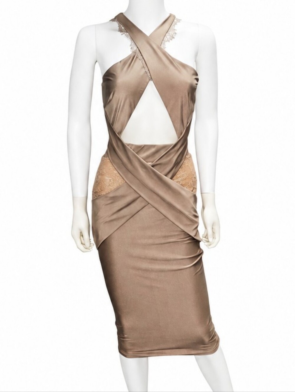 MICHAEL COSTELLO x REVOLVE | Taupe Satin Cutout Halter Midi Dress Size S